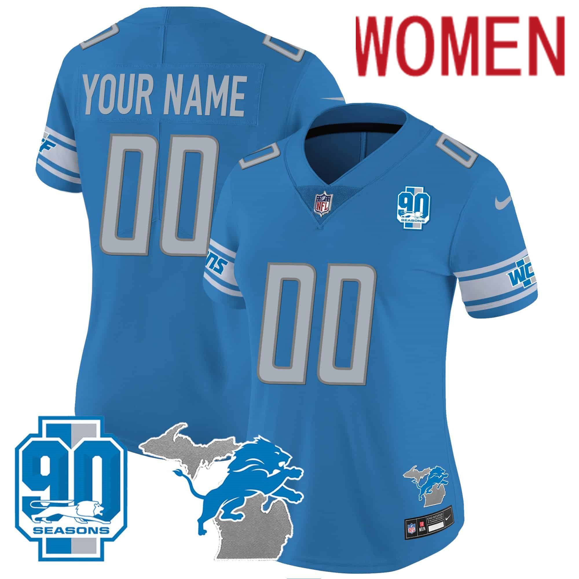 Women Detroit Lions Blue 2024 Nike 90th Year Michigan Patch Custom Vapor NFL Jersey style 1